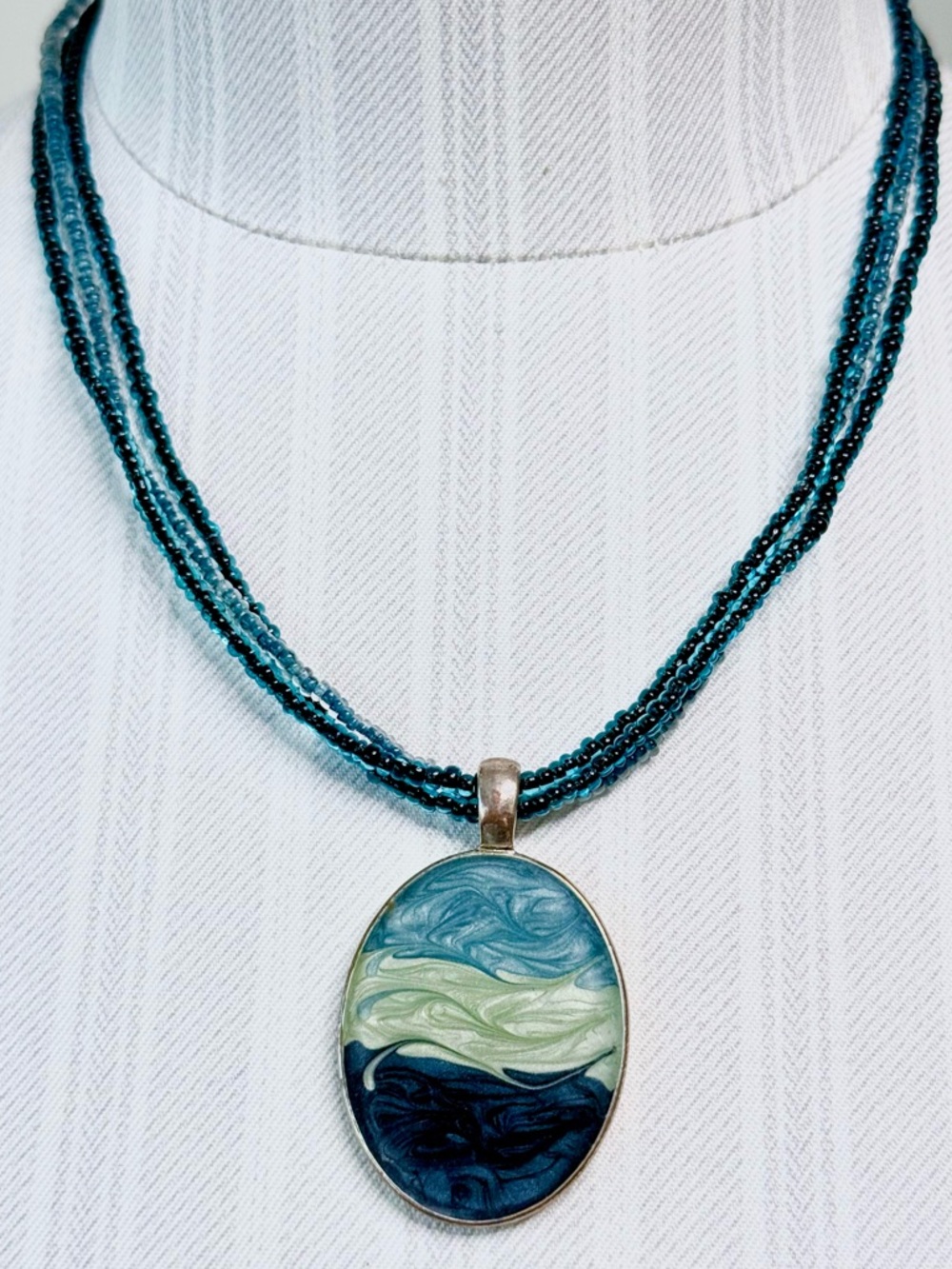 Vintage Signed KC Kenneth Cole Blue Enamel Pendant Triple Strand Beaded Necklace